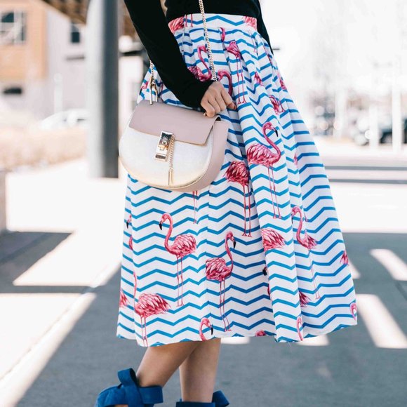 Pink Flamingo Nautical Blue White Stripe High Waisted Full Midi Skirt - Picture 9 of 16